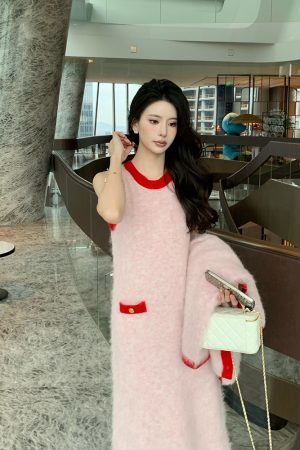 Chic Pink Sleeveless Dress with Elegant Long Vest for Women - Winter Dopamine Inspired Chanel Style Fashion