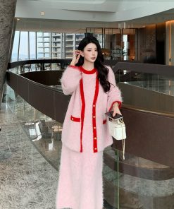 Chic Pink Sleeveless Dress with Elegant Long Vest for Women - Winter Dopamine Inspired Chanel Style Fashion