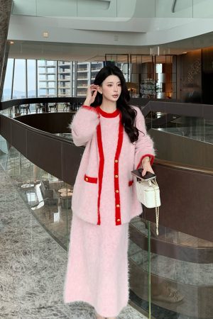 Chic Pink Sleeveless Dress with Elegant Long Vest for Women - Winter Dopamine Inspired Chanel Style Fashion