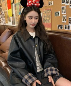 Chic Retro Black Leather Jacket for Women, Casual Spring Fashion, Loose Fit High-End Slimming Style