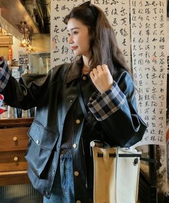 Chic Retro Black Leather Jacket for Women, Casual Spring Fashion, Loose Fit High-End Slimming Style