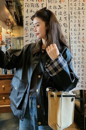 Chic Retro Black Leather Jacket for Women, Casual Spring Fashion, Loose Fit High-End Slimming Style