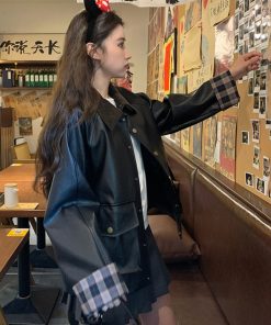 Chic Retro Black Leather Jacket for Women, Casual Spring Fashion, Loose Fit High-End Slimming Style