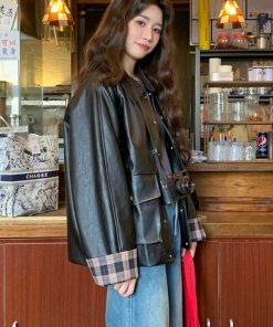 Chic Retro Black Leather Jacket for Women, Casual Spring Fashion, Loose Fit High-End Slimming Style