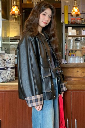 Chic Retro Black Leather Jacket for Women, Casual Spring Fashion, Loose Fit High-End Slimming Style