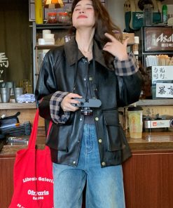 Chic Retro Black Leather Jacket for Women, Casual Spring Fashion, Loose Fit High-End Slimming Style