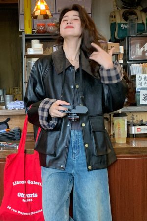 Chic Retro Black Leather Jacket for Women, Casual Spring Fashion, Loose Fit High-End Slimming Style