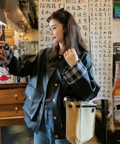 Chic Retro Black Leather Jacket for Women, Casual Spring Fashion, Loose Fit High-End Slimming Style