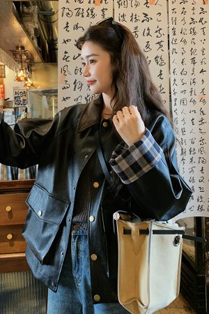 Chic Retro Black Leather Jacket for Women, Casual Spring Fashion, Loose Fit High-End Slimming Style