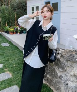 Chic Spring 3-Piece Outfit Set: Black Vest, Skirt & Casual Ensemble with Unique High-End Style for Effortless Fashion