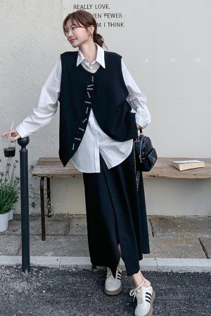 Chic Spring 3-Piece Outfit Set: Black Vest, Skirt & Casual Ensemble with Unique High-End Style for Effortless Fashion