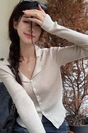 Chic Striped Polo Collar Knitted Cardigan Top for Women, Slim Fit Long Sleeve, Short Length, Versatile Fashion Essential