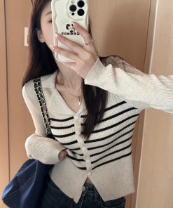 Chic Striped Polo Collar Knitted Cardigan Top for Women, Slim Fit Long Sleeve, Short Length, Versatile Fashion Essential