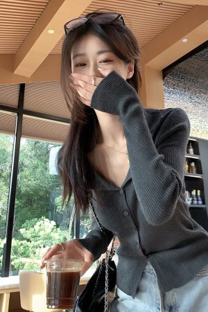 Chic Striped Polo Collar Knitted Cardigan Top for Women, Slim Fit Long Sleeve, Short Length, Versatile Fashion Essential
