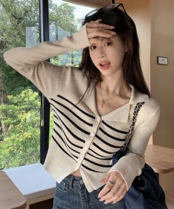 Chic Striped Polo Collar Knitted Cardigan Top for Women, Slim Fit Long Sleeve, Short Length, Versatile Fashion Essential