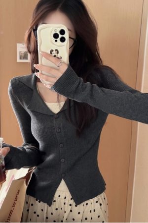 Chic Striped Polo Collar Knitted Cardigan Top for Women, Slim Fit Long Sleeve, Short Length, Versatile Fashion Essential