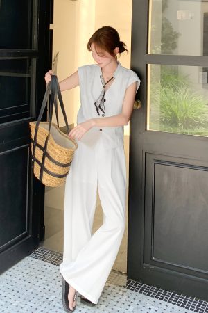 Chic Two-Piece Set for Women: Stylish Top and Wide-Leg Pants, 2025 Summer Korean Style Fashion