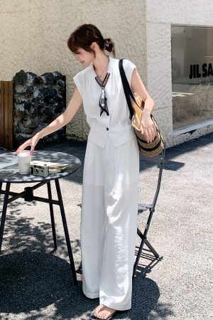 Chic Two-Piece Set for Women: Stylish Top and Wide-Leg Pants, 2025 Summer Korean Style Fashion