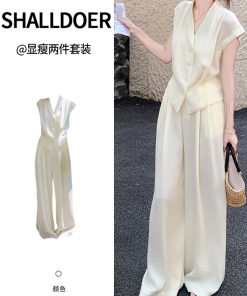 Chic Women's Summer 2025 Vest Suit Set with High-Waisted Wide-Leg Pants - Elegant Commuting Casual Fashion