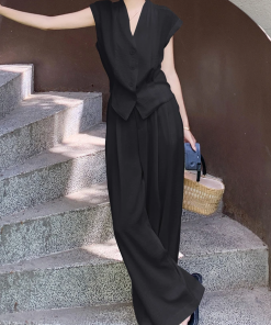 Chic Women's Summer 2025 Vest Suit Set with High-Waisted Wide-Leg Pants - Elegant Commuting Casual Fashion