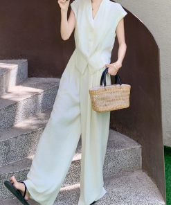 Chic Women's Summer 2025 Vest Suit Set with High-Waisted Wide-Leg Pants - Elegant Commuting Casual Fashion