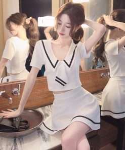 Chic Women's Two-Piece Set: Short-Sleeve Top & Mini Skirt Uniform for Nightclub Work, Perfect for Evening Shifts