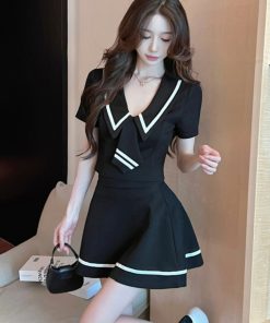 Chic Women's Two-Piece Set: Short-Sleeve Top & Mini Skirt Uniform for Nightclub Work, Perfect for Evening Shifts