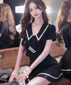 Chic Women's Two-Piece Set: Short-Sleeve Top & Mini Skirt Uniform for Nightclub Work, Perfect for Evening Shifts