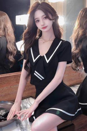 Chic Women's Two-Piece Set: Short-Sleeve Top & Mini Skirt Uniform for Nightclub Work, Perfect for Evening Shifts