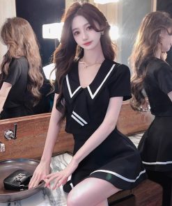 Chic Women's Two-Piece Set: Short-Sleeve Top & Mini Skirt Uniform for Nightclub Work, Perfect for Evening Shifts