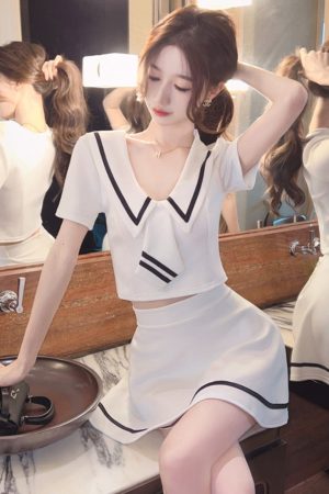 Chic Women's Two-Piece Set: Short-Sleeve Top & Mini Skirt Uniform for Nightclub Work, Perfect for Evening Shifts