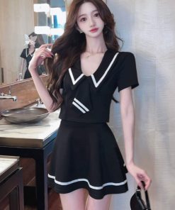 Chic Women's Two-Piece Set: Short-Sleeve Top & Mini Skirt Uniform for Nightclub Work, Perfect for Evening Shifts