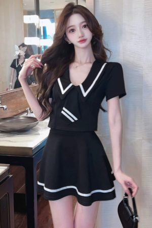 Chic Women's Two-Piece Set: Short-Sleeve Top & Mini Skirt Uniform for Nightclub Work, Perfect for Evening Shifts
