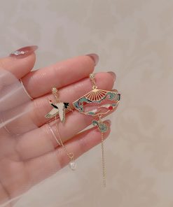 Chinese-Style Asymmetrical Crane Earrings for Women, Elegant Long Tassel Pearl Ear Drops, Hanfu Accessories