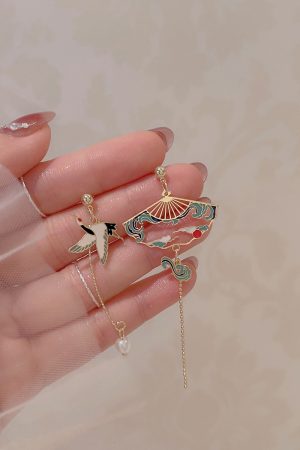 Chinese-Style Asymmetrical Crane Earrings for Women, Elegant Long Tassel Pearl Ear Drops, Hanfu Accessories