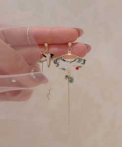 Chinese-Style Asymmetrical Crane Earrings for Women, Elegant Long Tassel Pearl Ear Drops, Hanfu Accessories