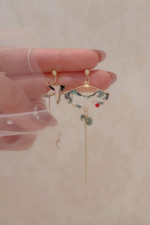 Chinese-Style Asymmetrical Crane Earrings for Women, Elegant Long Tassel Pearl Ear Drops, Hanfu Accessories