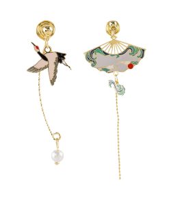 Chinese-Style Asymmetrical Crane Earrings for Women, Elegant Long Tassel Pearl Ear Drops, Hanfu Accessories
