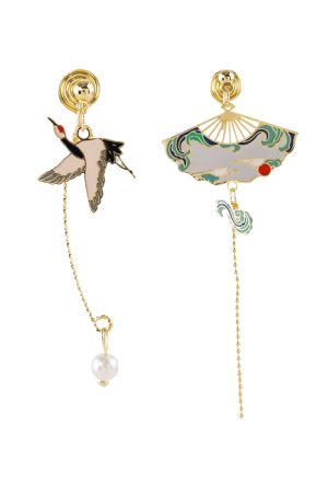 Chinese-Style Asymmetrical Crane Earrings for Women, Elegant Long Tassel Pearl Ear Drops, Hanfu Accessories