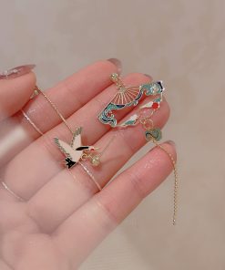 Chinese-Style Asymmetrical Crane Earrings for Women, Elegant Long Tassel Pearl Ear Drops, Hanfu Accessories