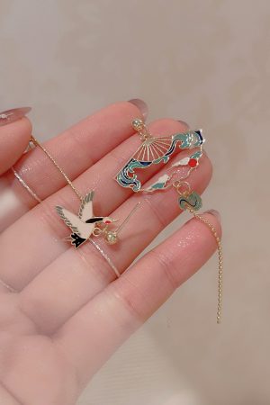 Chinese-Style Asymmetrical Crane Earrings for Women, Elegant Long Tassel Pearl Ear Drops, Hanfu Accessories