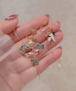 Chinese-Style Asymmetrical Crane Earrings for Women, Elegant Long Tassel Pearl Ear Drops, Hanfu Accessories