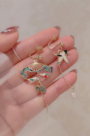 Chinese-Style Asymmetrical Crane Earrings for Women, Elegant Long Tassel Pearl Ear Drops, Hanfu Accessories
