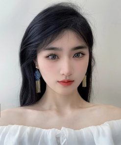 Chinese-Style Bamboo Tassel Earrings for Women, Vintage Black Clip-On Ear Studs, Long Metal Design, No Piercing Needed