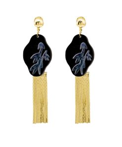 Chinese-Style Bamboo Tassel Earrings for Women, Vintage Black Clip-On Ear Studs, Long Metal Design, No Piercing Needed