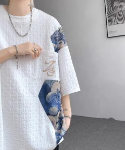 Chinese-Style Bear Short-Sleeve T-Shirt for Men, Trendy Loose Fit Summer Tee, National Style Heavyweight Fashion for Teens