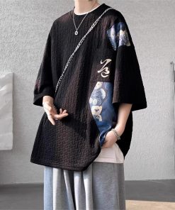 Chinese-Style Bear Short-Sleeve T-Shirt for Men, Trendy Loose Fit Summer Tee, National Style Heavyweight Fashion for Teens