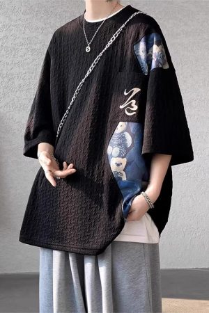 Chinese-Style Bear Short-Sleeve T-Shirt for Men, Trendy Loose Fit Summer Tee, National Style Heavyweight Fashion for Teens