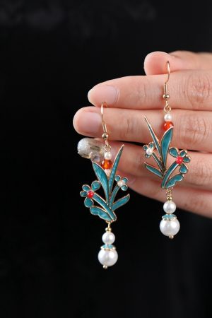 Chinese-Style Blue Enamel Horse-Face Earrings, Classical Temp Ear Accessories for Weddings, Qipao & Hanfu Matching Jewelry