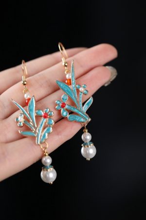 Chinese-Style Blue Enamel Horse-Face Earrings, Classical Temp Ear Accessories for Weddings, Qipao & Hanfu Matching Jewelry